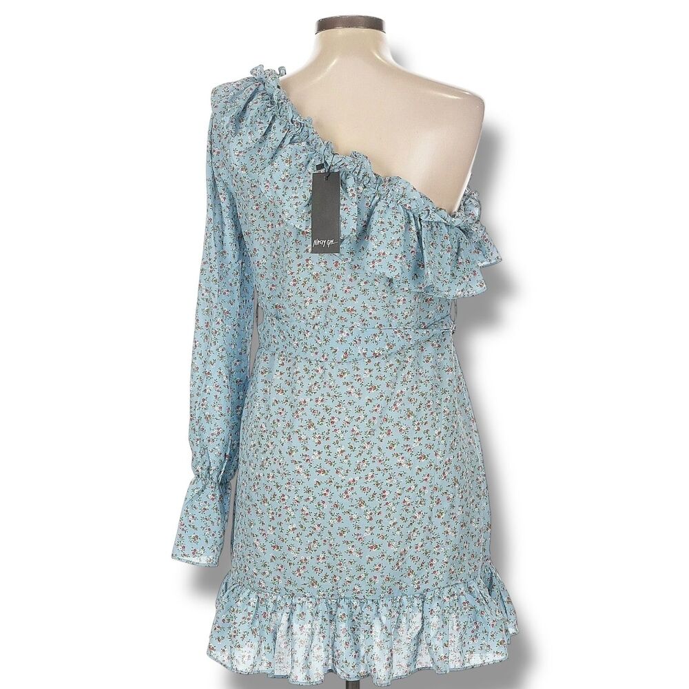 Nasty Gal One-Shoulder Blue Floral Ruffle Mini Dress NWT  Women's Size 10